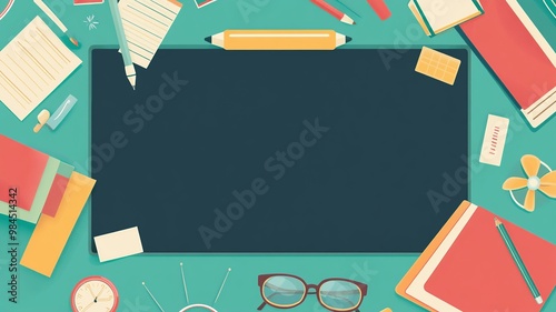 A vibrant vector background with school-themed elements such as books, pencils, rulers, and notebooks, arranged around the edges, leaving space in the center for text