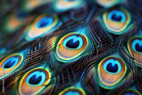 Close up of vibrant blue and green peacock feathers showing texture