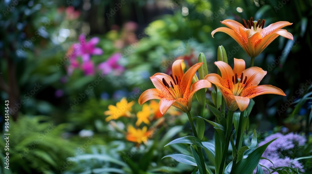 Lilies in a botanical garden, surrounded by other vibrant flowers and greenery. Lilies in a botanical garden, surrounded by other vibrant flowers and greenery.
