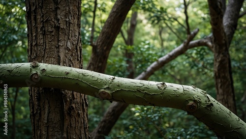 Green skincare tube on twisted tree limbs, blending nature and beauty.