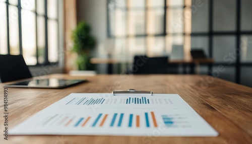 Obraz na płótnie A document with graphs and charts is placed on a wooden table in a modern office setting with large windows and greenery in the background. w salonie