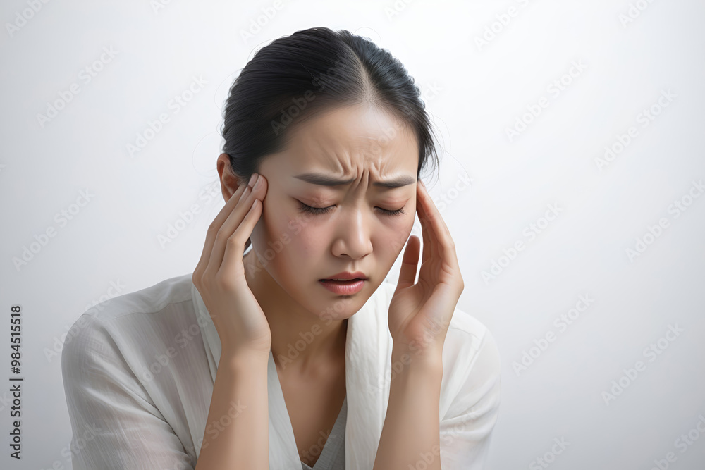 Woman suffering from stress, migraine or a headache grimacing in pain Woman suffering from stress, migraine or a headache grimacing in pain