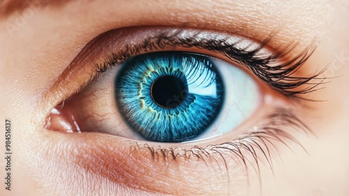 A close-up of a striking blue eye showcasing intricate details and vibrant colors, perfect for artistic or medical explorations.