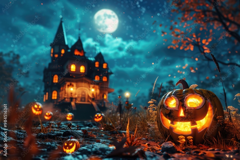 A Lit Jack-O-Lantern in Front of a Haunted House Under a Full Moon A Lit Jack-O-Lantern in Front of a Haunted House Under a Full Moon