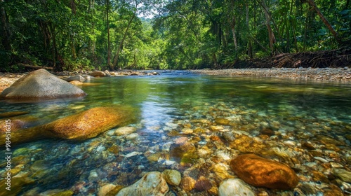 The clear, sparkling waters of a stream flowing through Ackmon National Park, lined with rocks and surrounded by vibrant greenery.