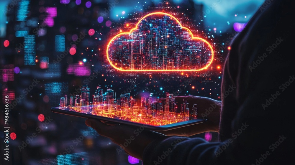 Obraz premium An interactive digital display of a vibrant city with a cloud interface for smart technology displayed on a tablet.