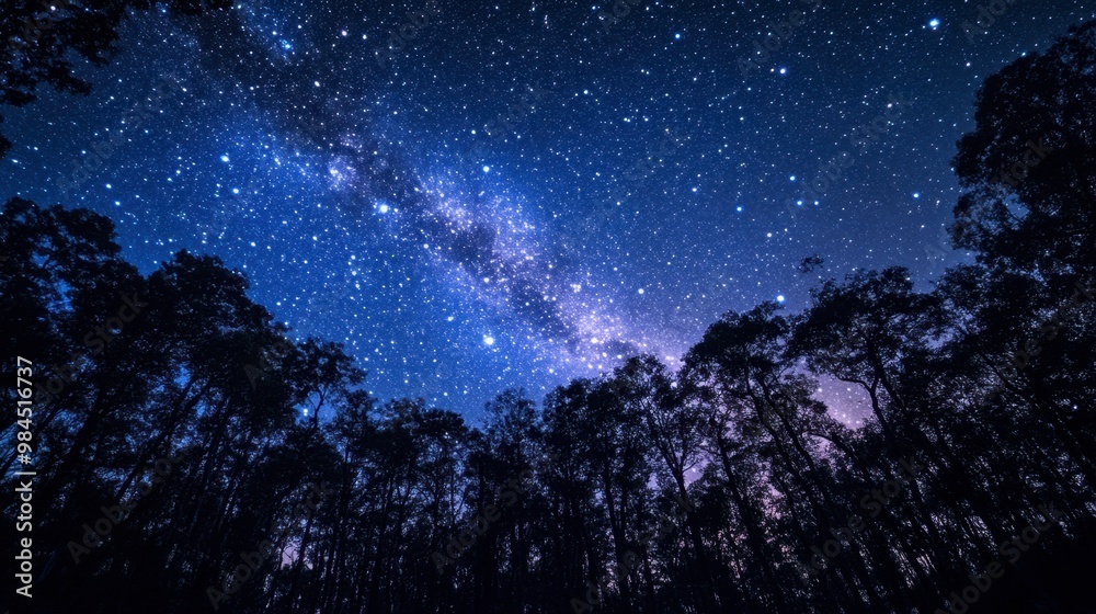 Naklejka premium The expansive night sky over Ackmon National Park, filled with stars and the faint glow of the Milky Way above the treetops.
