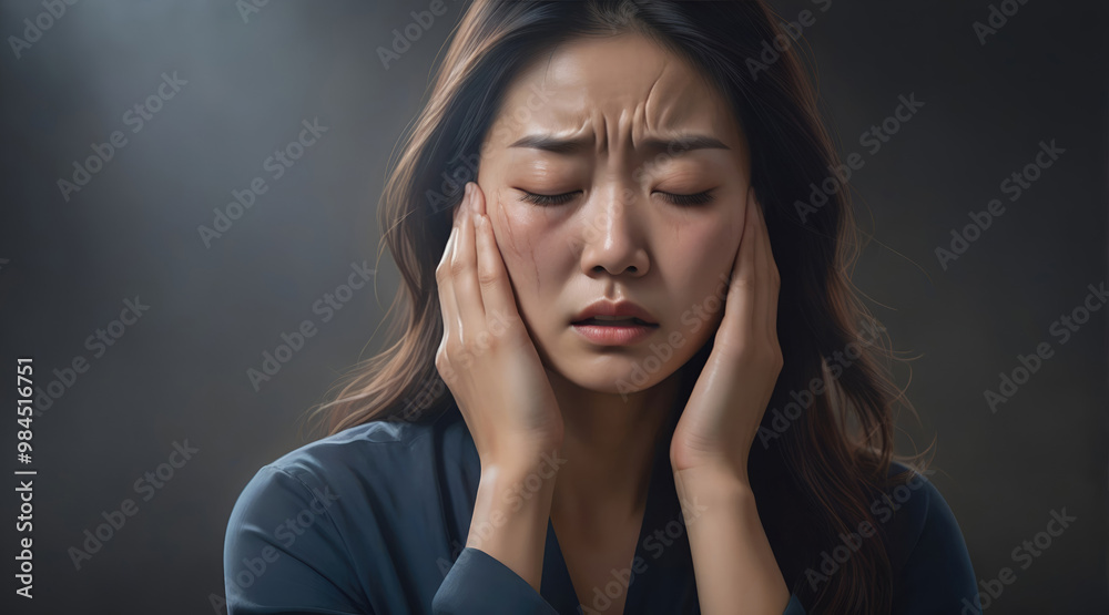 Woman suffering from stress, migraine or a headache grimacing in pain Woman suffering from stress, migraine or a headache grimacing in pain