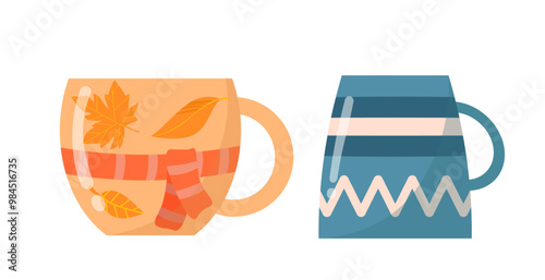 Set of mugs. Cups for tea or coffee with abstract patterns. Ceramic tableware, dishware and kitchen utensil. Hot drink. Graphic element for website. Flat vector collection