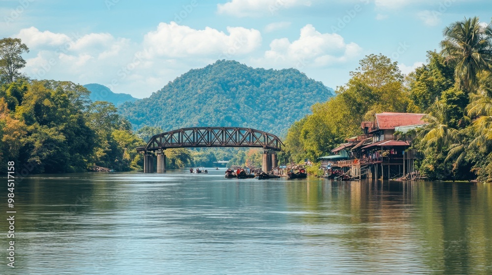 Naklejka premium The historic bridge over the River Kwai, a significant World War II landmark in Kanchanaburi.