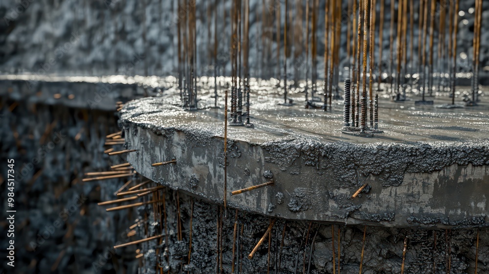 Close-up of a massive concrete pour at a skyscraper foundation site, with detailed texture of the concrete and reinforcement bars Close-up of a massive concrete pour at a skyscraper foundation site, with detailed texture of the concrete and reinforcement bars