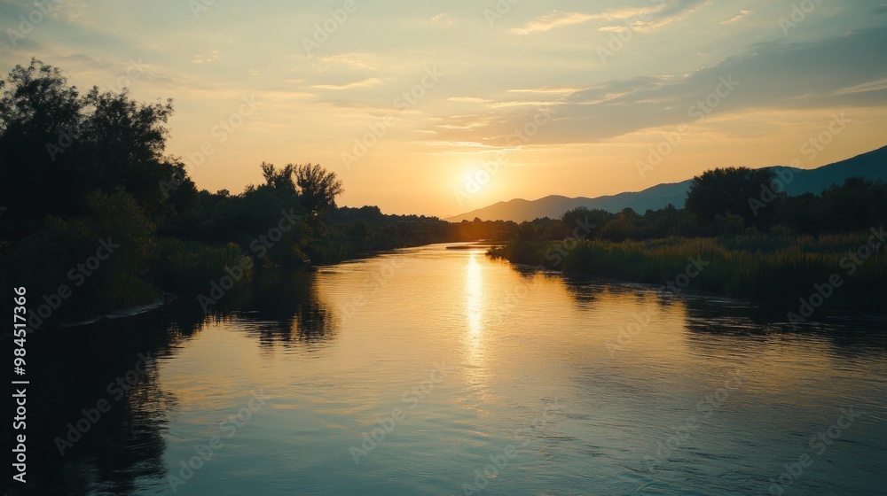 Tranquil River Sunset, a serene scene showcasing the calm waters reflecting warm hues of dusk, surrounded by lush greenery, embodying peace and natural beauty. Tranquil River Sunset, a serene scene showcasing the calm waters reflecting warm hues of dusk, surrounded by lush greenery, embodying peace and natural beauty.