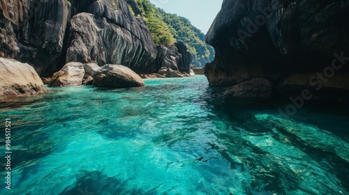 The mesmerizing cliffs and emerald waters of Similan Islands National Park, popular for diving and snorkeling.