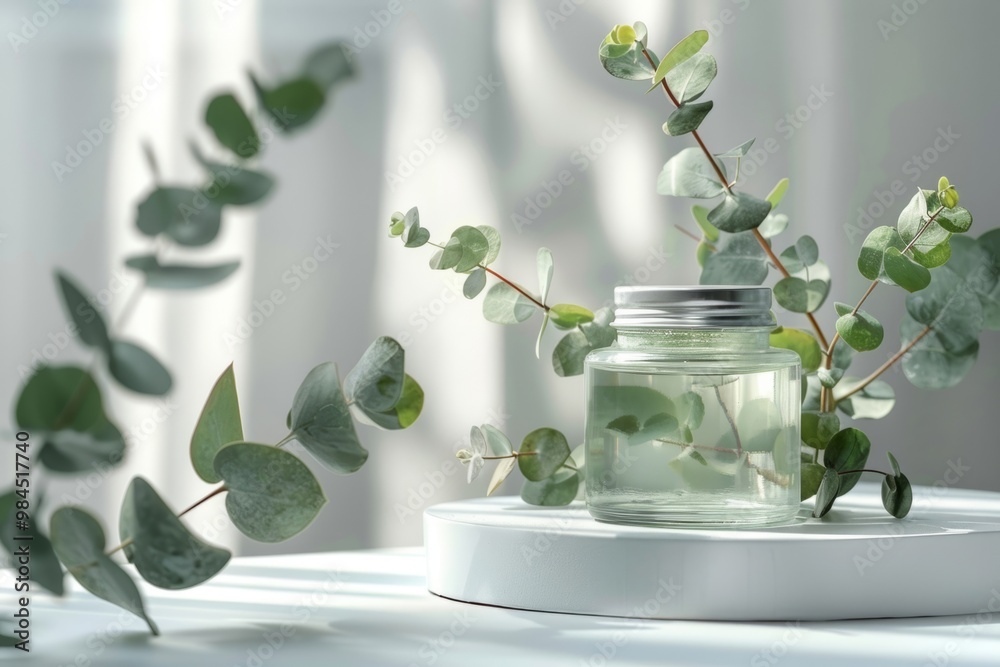 Eucalyptus essential oil surrounded by eucalyptus branches Eucalyptus essential oil surrounded by eucalyptus branches