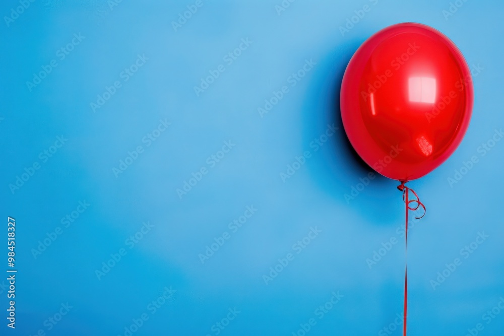 Red balloon isolated on the right of a solid blue background, left empty for text. The vibrant contrast draws attention. Red balloon isolated on the right of a solid blue background, left empty for text. The vibrant contrast draws attention.