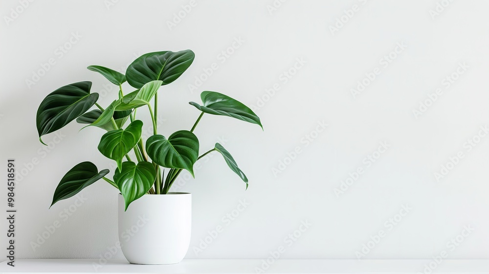 Beautiful green foliage of a philodendron plant in a simple white planter against a stark white backdrop, Generative AI. Beautiful green foliage of a philodendron plant in a simple white planter against a stark white backdrop, Generative AI.