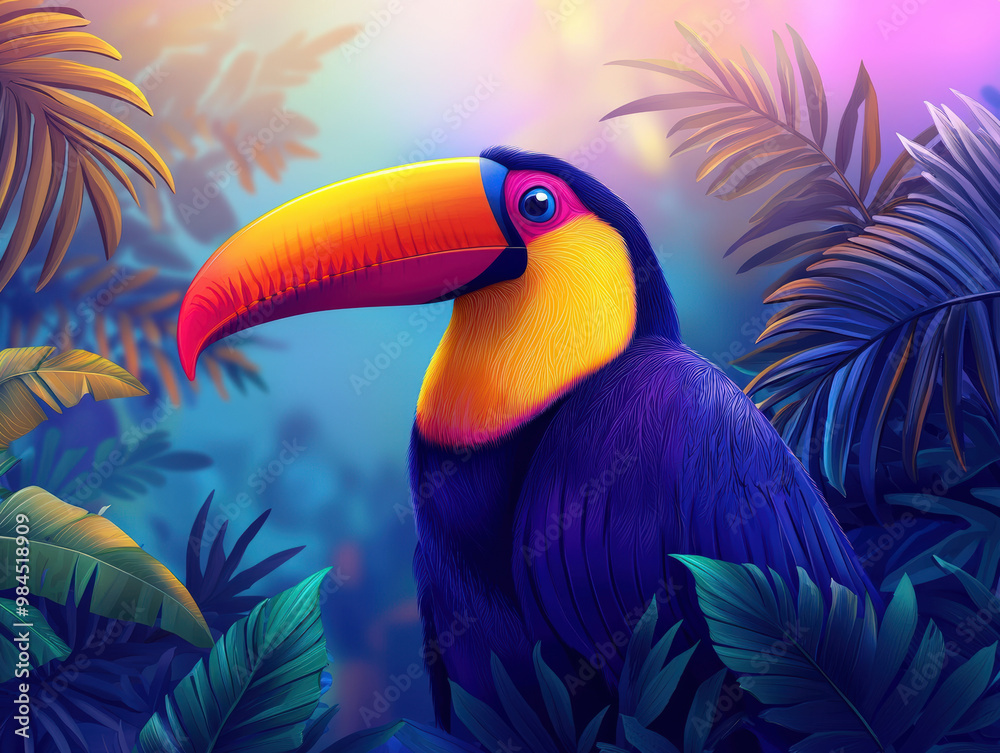 Fototapeta premium A toucan with vibrant beak is nestled among lush tropical foliage, showcasing its colorful plumage in serene environment. scene evokes sense of wonder and beauty