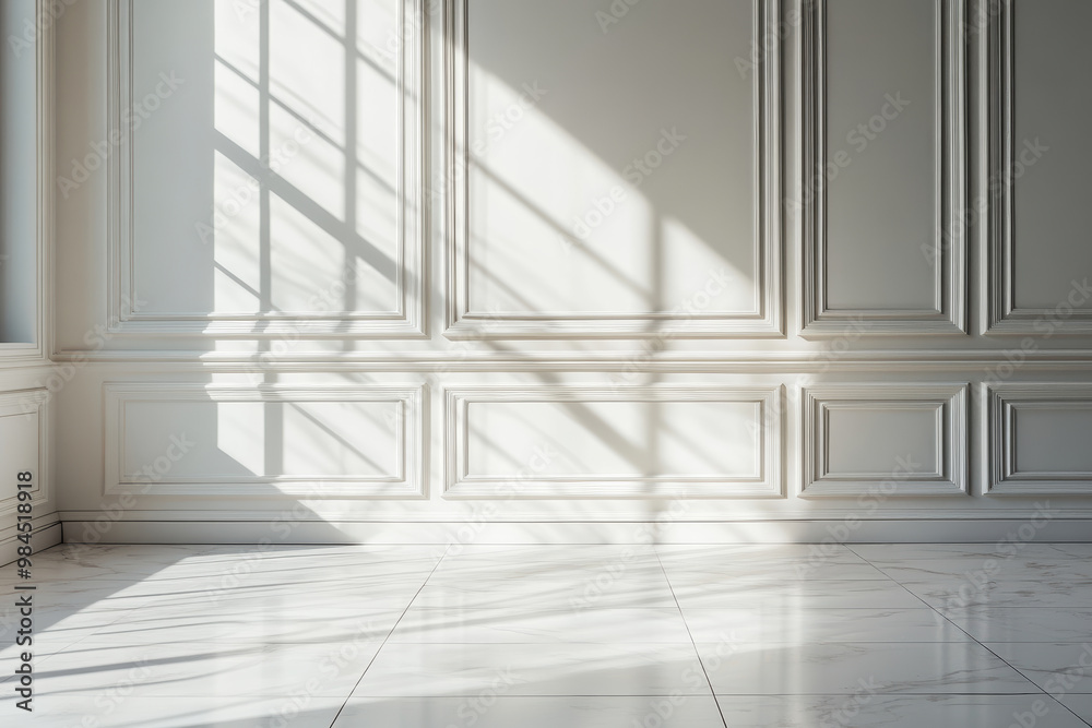 Obraz premium A large, empty room with white walls and white flooring. The room is illuminated by sunlight coming in through the windows