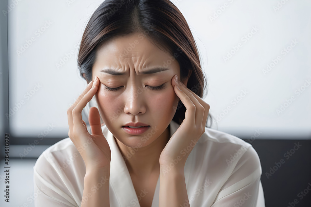 Woman suffering from stress, migraine or a headache grimacing in pain Woman suffering from stress, migraine or a headache grimacing in pain