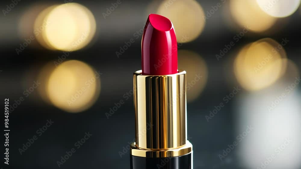 Bold red lipstick shines against blurred golden lights on a stylish vanity Bold red lipstick shines against blurred golden lights on a stylish vanity