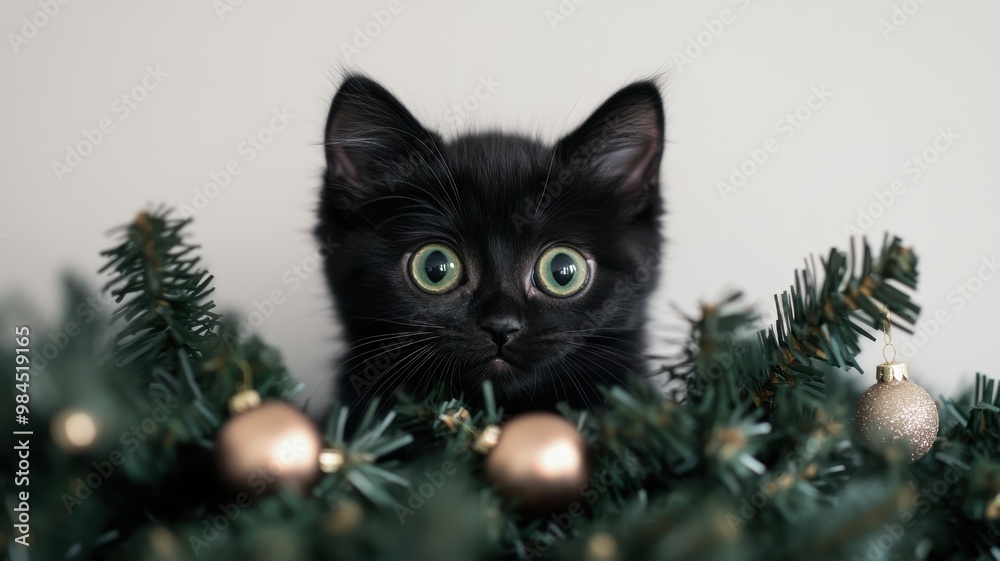A curious black kitten peering through festive green foliage adorned with golden ornaments, capturing the holiday spirit. A curious black kitten peering through festive green foliage adorned with golden ornaments, capturing the holiday spirit.