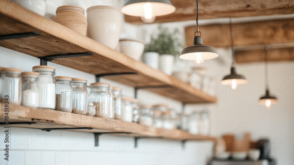 Obraz premium A cozy kitchen shelf displaying jars and decorative items, creating a warm and inviting atmosphere.