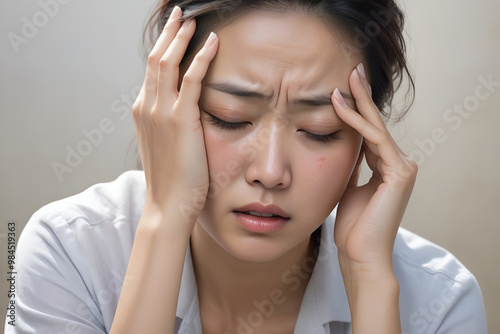 Woman suffering from stress, migraine or a headache grimacing in pain