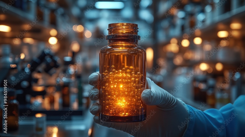 A glowing amber bottle held in a lab setting. A glowing amber bottle held in a lab setting.