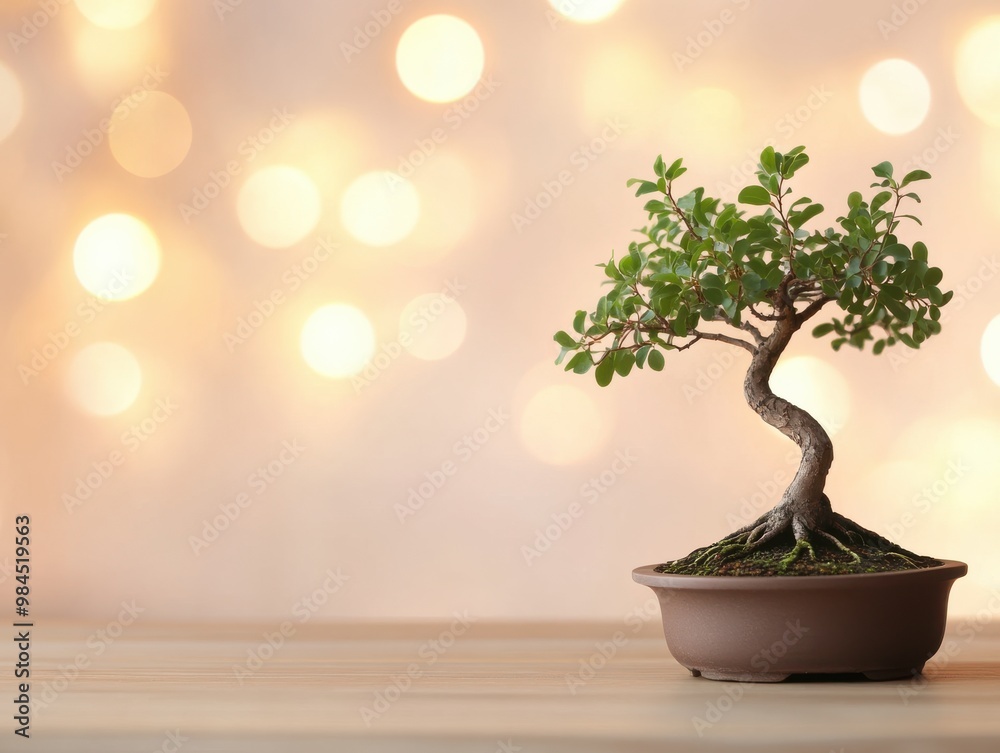 A beautiful bonsai tree in a pot, adorned with soft, glowing bokeh lights in the background, perfect for nature lovers. A beautiful bonsai tree in a pot, adorned with soft, glowing bokeh lights in the background, perfect for nature lovers.