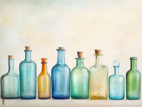 A collection of colorful glass bottles with cork stoppers, showcasing a variety of shapes and sizes against a soft backdrop.