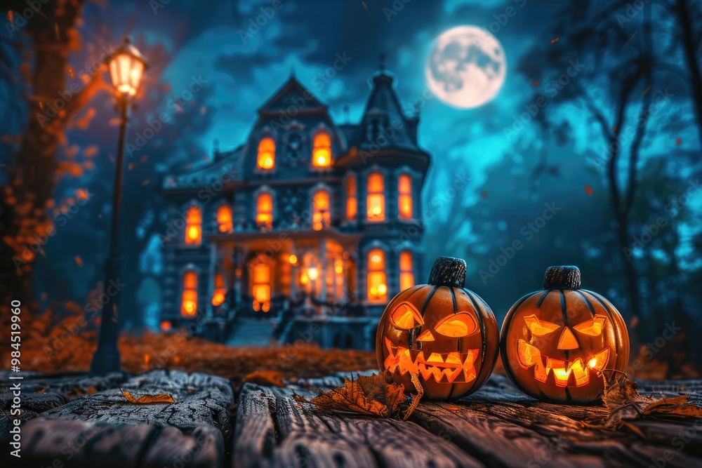 Carved Jack-o'-lanterns on Wooden Plank in Front of a Haunted House Carved Jack-o'-lanterns on Wooden Plank in Front of a Haunted House
