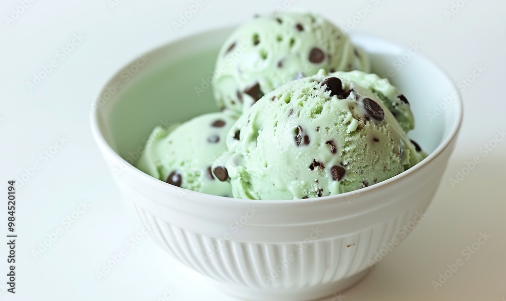 Chocolate chips minty ice cream in a white bowl with copy space, Generative AI. Chocolate chips minty ice cream in a white bowl with copy space, Generative AI.