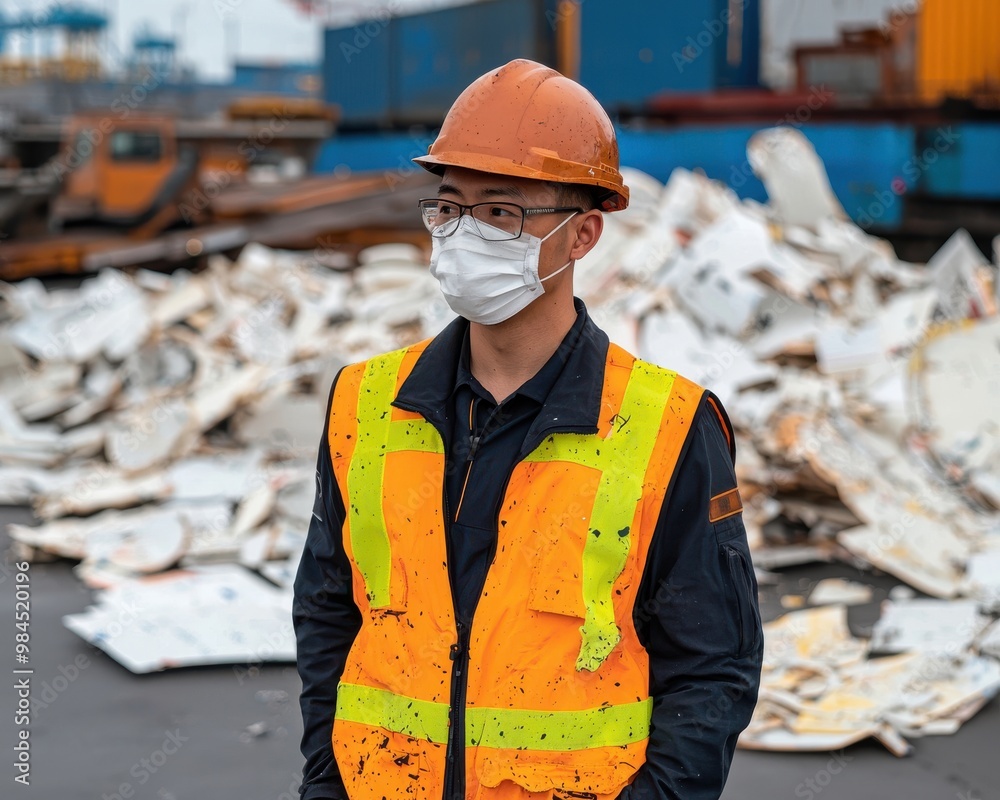 Worker with safety gear on a construction site with debris in background.
