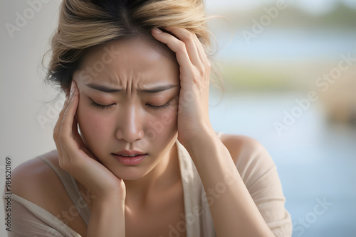 Woman suffering from stress, migraine or a headache grimacing in pain