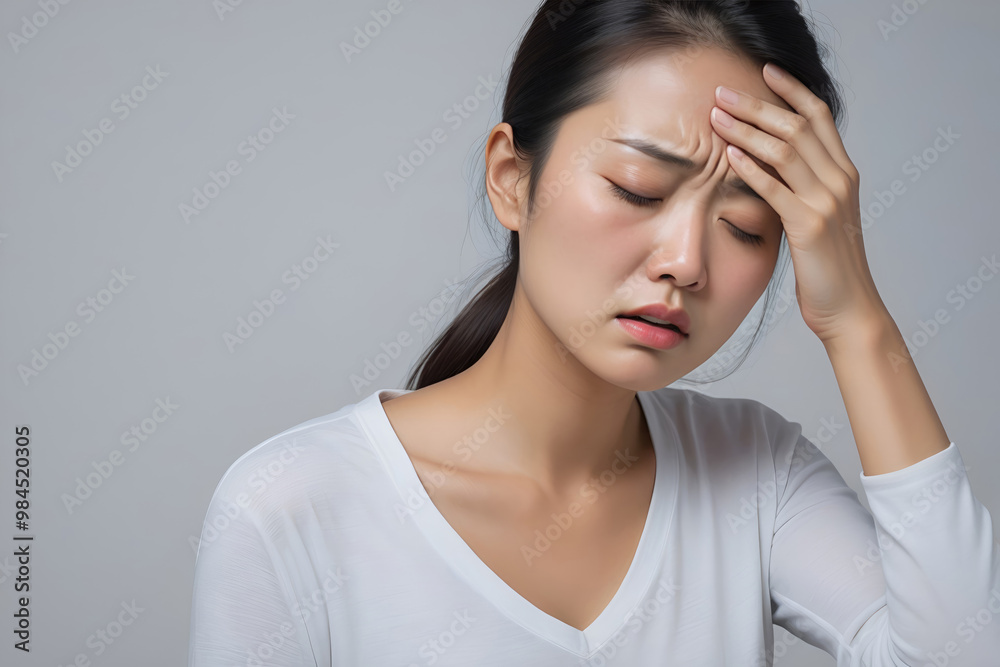 Woman suffering from stress, migraine or a headache grimacing in pain Woman suffering from stress, migraine or a headache grimacing in pain