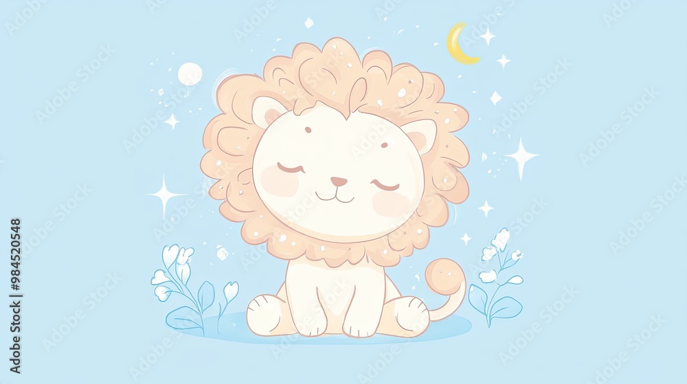 Zodiac sign Leo with a fluffy mane sits contentedly among whimsical flowers and sparkles. Soothing blue background with a gentle crescent moon Zodiac sign Leo with a fluffy mane sits contentedly among whimsical flowers and sparkles. Soothing blue background with a gentle crescent moon