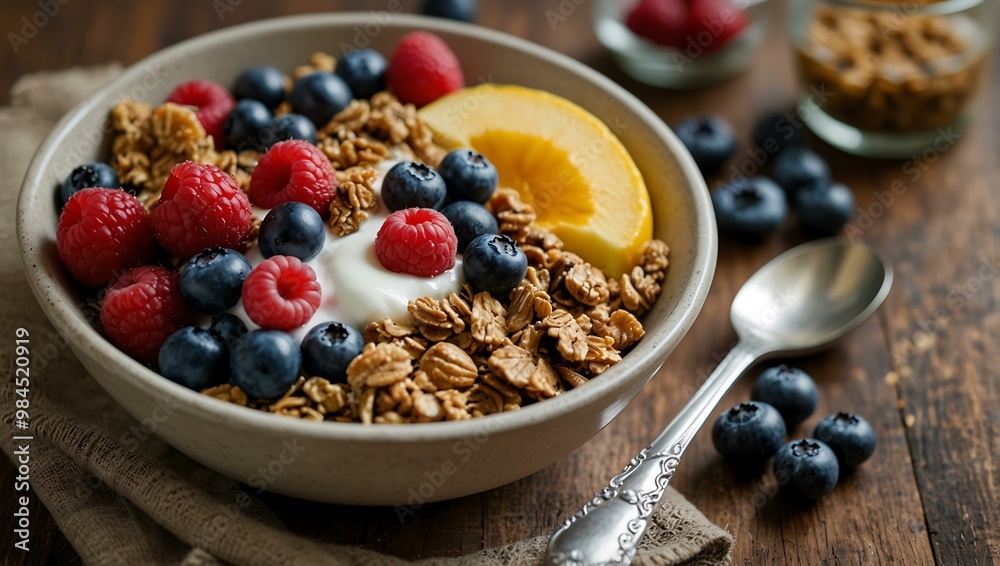 Healthy Breakfast Bowl with Granola, Berries, and Yogurt