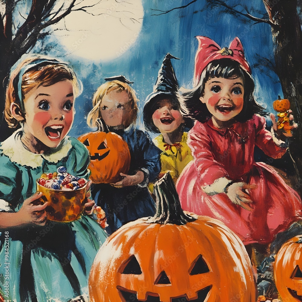 Fototapeta premium A group of children in colorful Halloween costumes holding jack-o'-lanterns, smiling and enjoying trick-or-treating under the autumn leaves. Perfect for festive celebrations and Halloween vibes.