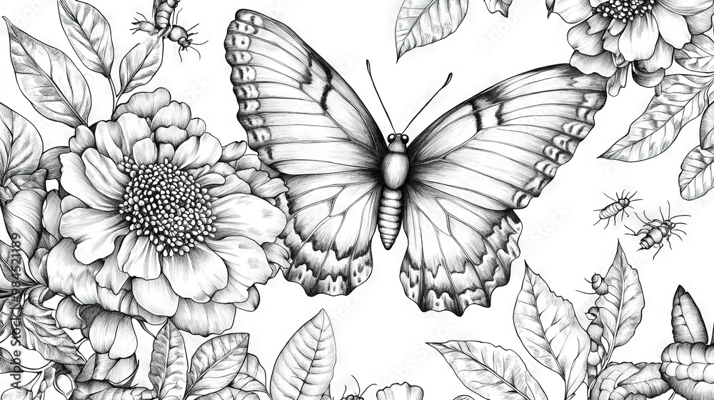 Monochromatic depiction of butterfly on white backdrop surrounded by flora and flying insects Monochromatic depiction of butterfly on white backdrop surrounded by flora and flying insects