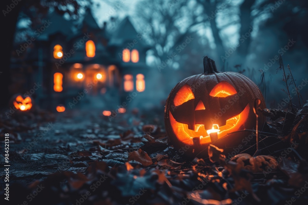A Glowing Jack-o'-Lantern in a Dark Forest Setting A Glowing Jack-o'-Lantern in a Dark Forest Setting