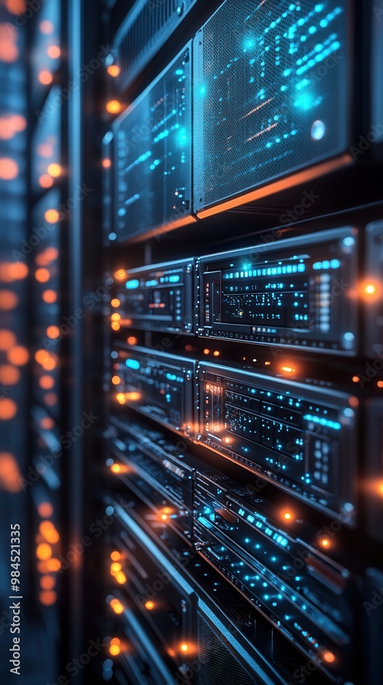 A modern data server interior showcasing glowing technology and intricate digital displays for data management. A modern data server interior showcasing glowing technology and intricate digital displays for data management.