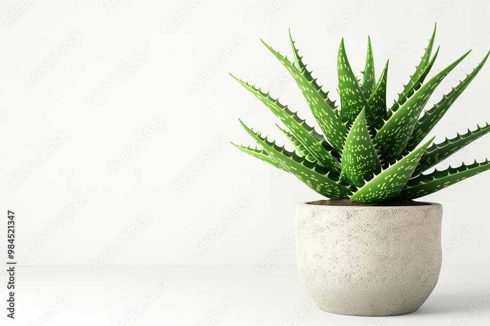 Fresh green leaves with tiny thorn features on the edges, aloe vera plant in a pot, simple white background, Generative AI. Fresh green leaves with tiny thorn features on the edges, aloe vera plant in a pot, simple white background, Generative AI.