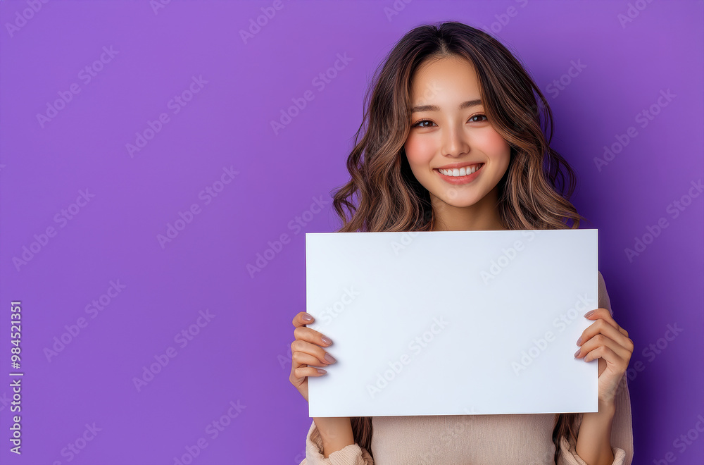 A woman is holding a blank piece of paper and smiling. Concept of positivity and optimism, as the woman is holding the blank paper with a smile on her face A woman is holding a blank piece of paper and smiling. Concept of positivity and optimism, as the woman is holding the blank paper with a smile on her face