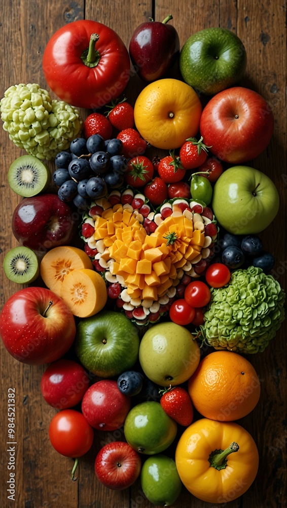 Heart-shaped arrangement of fruits and vegetables on a wooden table. Heart-shaped arrangement of fruits and vegetables on a wooden table.