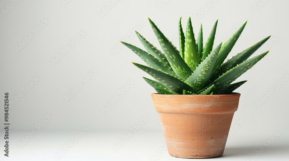 Fresh green leaves with tiny thorn features on the edges, aloe vera plant in a pot, simple white background, Generative AI.