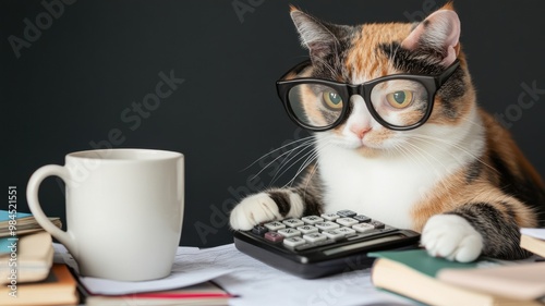 A clever cat wearing glasses looks serious while working on a calculator, surrounded by books and a cup.