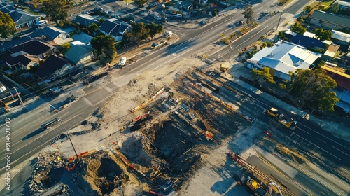 Detailed aerial shot of a major citya??s infrastructure upgrade project, showing dug-up streets and new utilities being installed photo