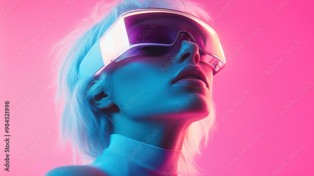 A woman is wearing a virtual reality headset against a pink background A woman is wearing a virtual reality headset against a pink background