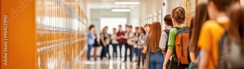 A busy school hallway filled with students lined up near lockers, representing the vibrant energy of academic life.