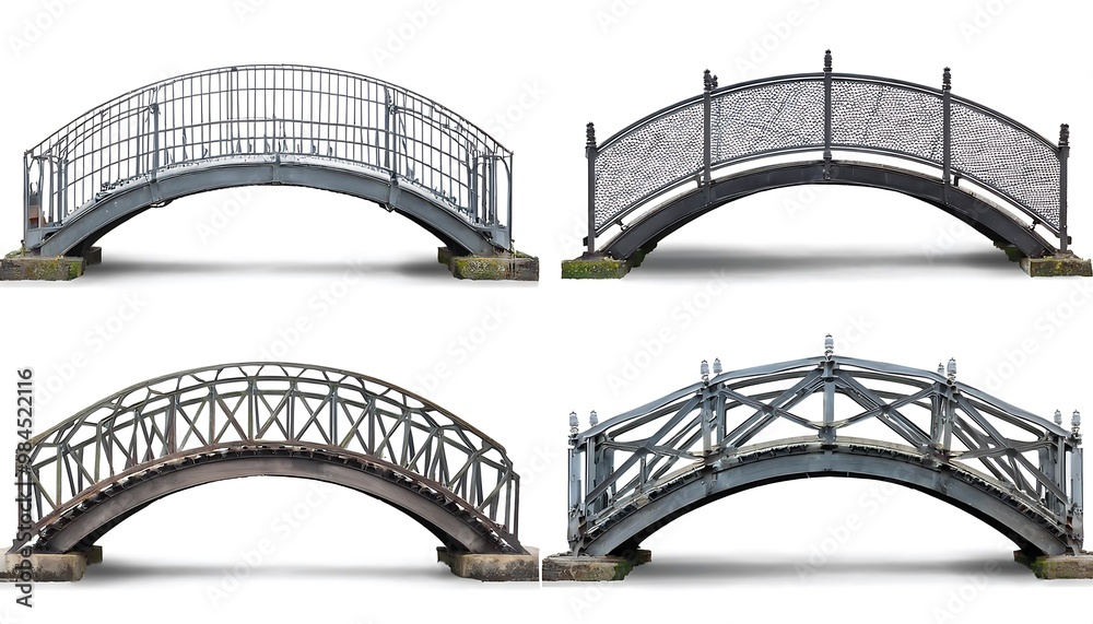 Fototapeta premium Set collection of arch rustic metal bridge front view on transparent background cutout PNG file. Many different assorted style. Mockup template for design